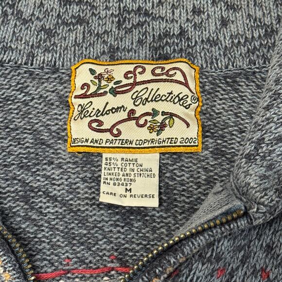 Heirloom Collectibles Fair Isle Zip Cardigan Blue Floral Nordic Vintage M - Picture 2 of 9